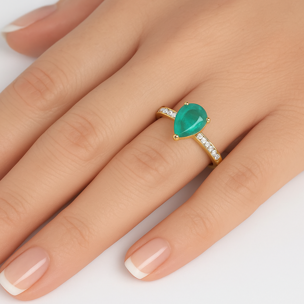 SPECIAL!1.70ct G SI 14K Yellow Gold Diamond & Pear Shape Emerald Gemstone Ring Size 6.5