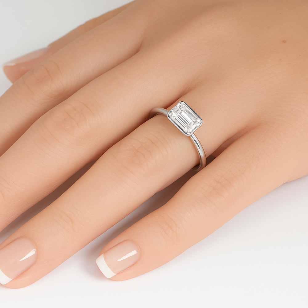SPECIAL!.80ct G SI 14K White Gold Bezel Set Emerald Cut Diamond Engagement Ring Size 6.5