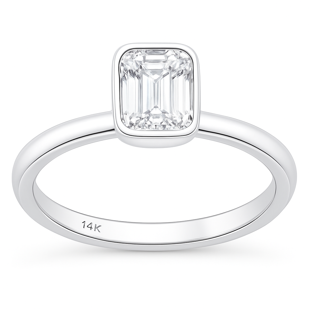 SPECIAL!.82ct G SI 14K White Gold Bezel Set Emerald Cut Diamond Engagement Solitaire Ring Size 6.5