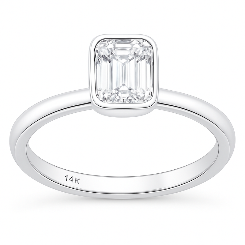 SPECIAL!.82ct G SI 14K White Gold Bezel Set Emerald Cut Diamond Engagement Solitaire Ring Size 6.5