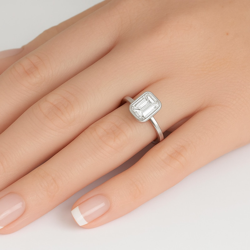 SPECIAL!.82ct G SI 14K White Gold Bezel Set Emerald Cut Diamond Engagement Solitaire Ring Size 6.5