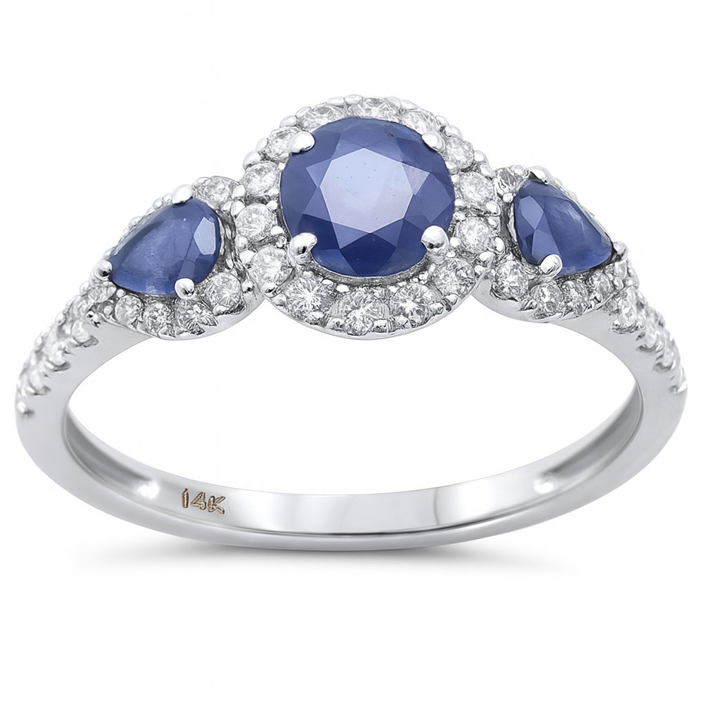 SPECIAL! 1.30ct G SI 14K White Gold Diamond & Blue Sapphire Gemstone Three Stone Band Ring Size 6.5