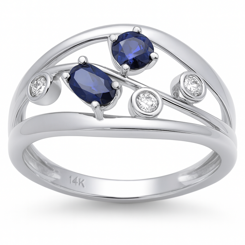 SPECIAL!.68ct G SI 14K White Gold Diamond & Blue Sapphire Gemstone Band Ring Size 6.5