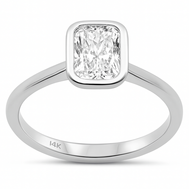 SPECIAL!1.00ct G SI 14K White Gold Bezel Set Radiant Cut Diamond Solitaire Engagement Ring Size 6.5