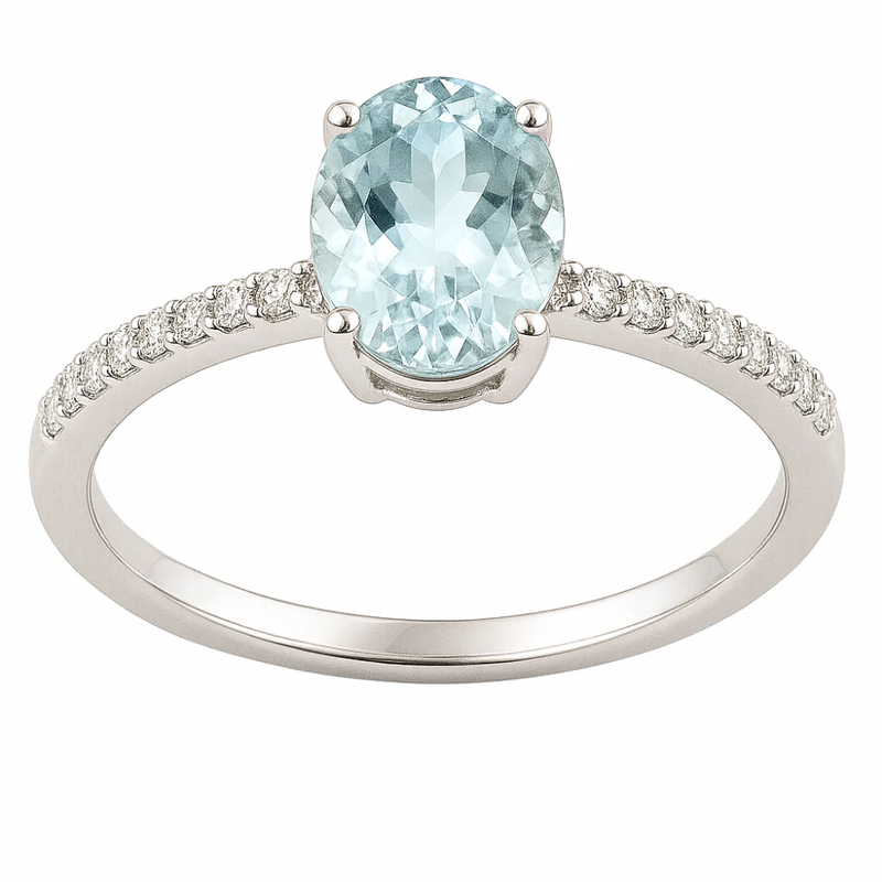 .96ct G SI 14K White Gold Oval Aquamarine Gemstone & Diamond Ring Size 6.5