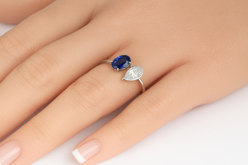 SPECIAL!1.06ct G SI 14K White Gold Oval Blue Sapphire & Pear Shape Diamond Toi et Moi Ring Size 6.5