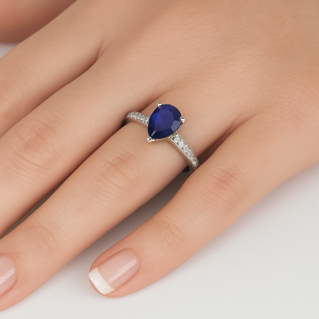 SPECIAL! 1.39ct G SI 14K White Gold Diamond & Pear Shape Blue Sapphire Gemstone Ring Size 6.5