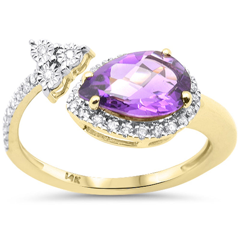 SPECIAL! 1.52ct G SI 14K Yellow Gold Pear Shape Amethyst Gemstone & Diamond Open Ring Size 6.5