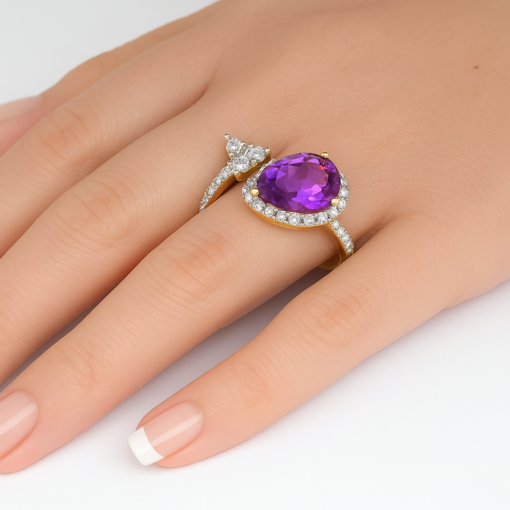 SPECIAL! 1.52ct G SI 14K Yellow Gold Pear Shape Amethyst Gemstone & Diamond Open Ring Size 6.5
