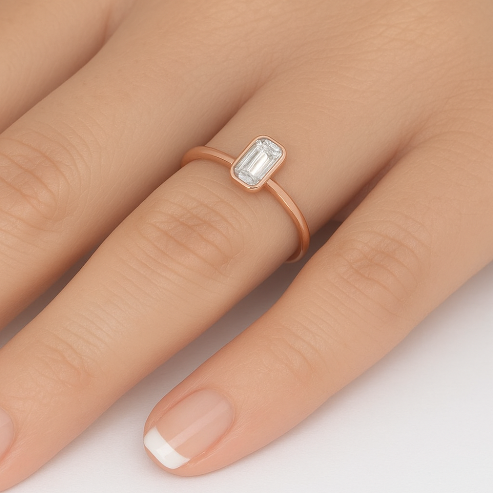 SPECIAL! .20ct G SI 14K Rose Gold Bezel Set Emerald Cut Diamond Engagement Ring Size 6.5
