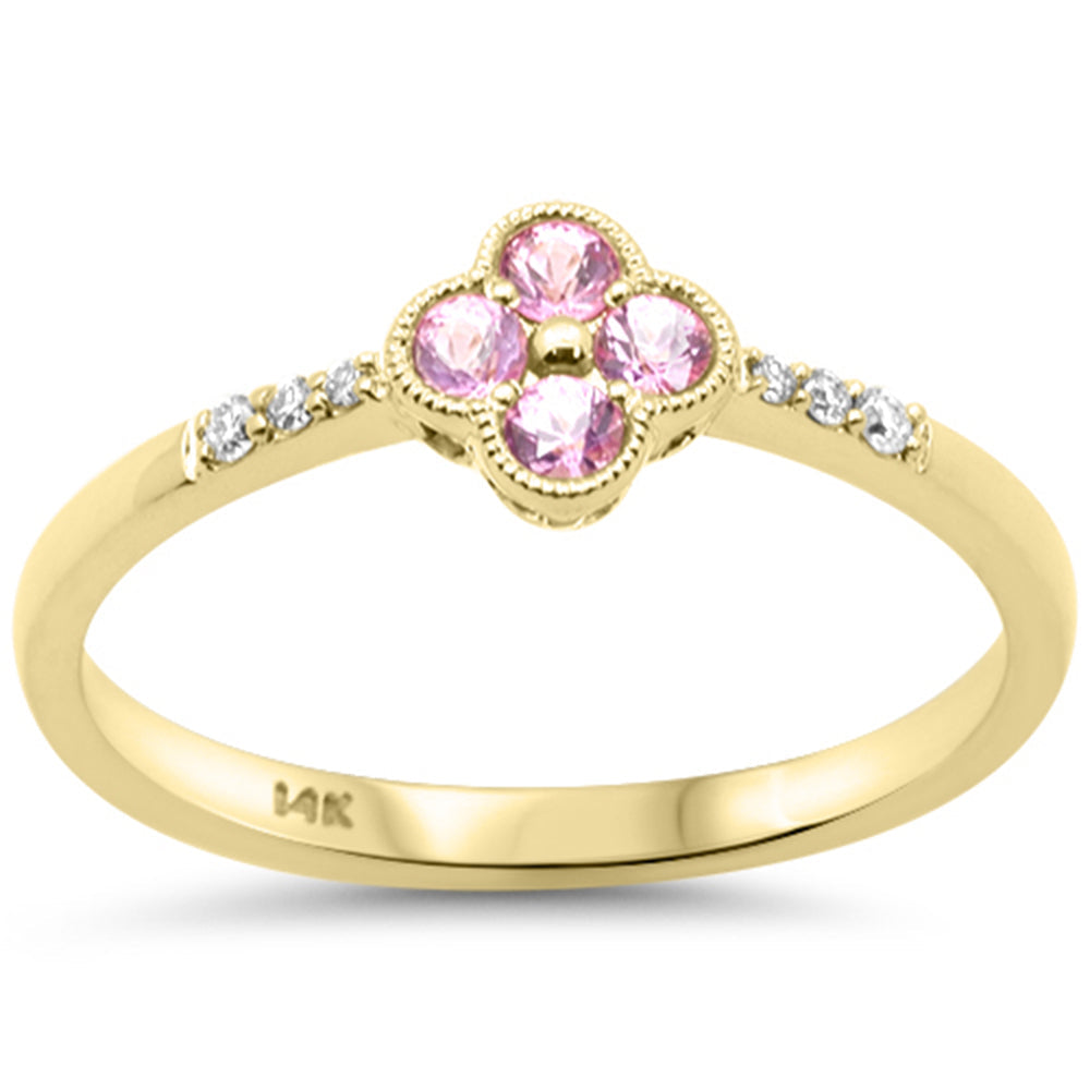 .25ct G SI 14kt Yellow Gold Diamond & Pink Sapphire Clover Gemstone Ring Size 6.5