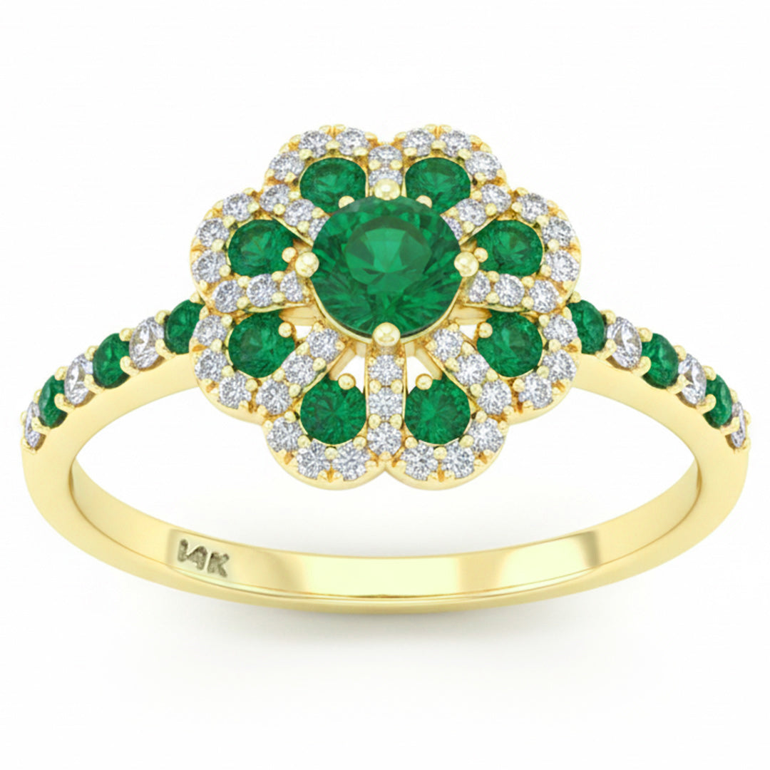 SPECIAL! .74ct G SI 14kt Yellow Gold Diamond & Emerald Gemstone Flower Ring Size 6.5