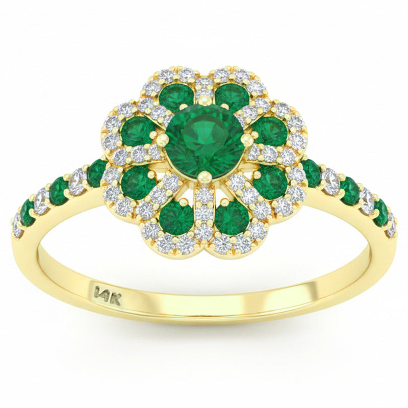 SPECIAL! .74ct G SI 14kt Yellow Gold Diamond & Emerald Gemstone Flower Ring Size 6.5