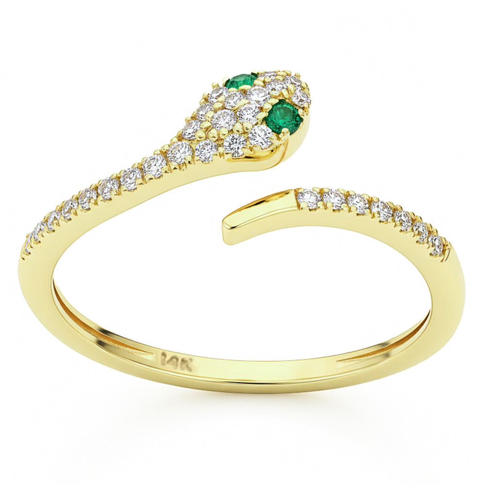 SPECIAL! .20ct G SI 14kt Yellow Gold Diamond & Emerald Gemstone Snake Ring Size 6.5