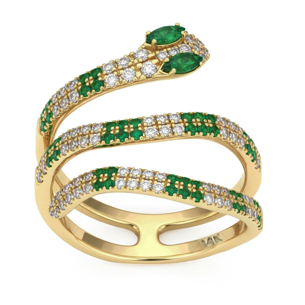 SPECIAL! .86ct G SI 14kt Yellow Gold Diamond & Emerald Gemstone Snake Wrap Ring Size 6.5