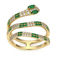SPECIAL! .86ct G SI 14kt Yellow Gold Diamond & Emerald Gemstone Snake Wrap Ring Size 6.5