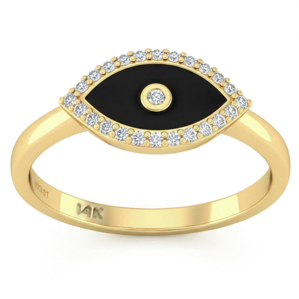 SPECIAL! .13ct G SI 14kt Yellow Gold Diamond & Black Onyx Enamel Inlay Evil Eye Ring Size 6.5