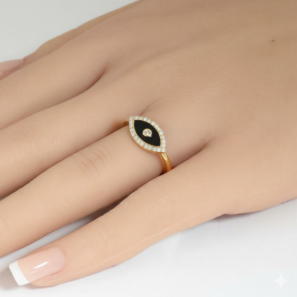 SPECIAL! .13ct G SI 14kt Yellow Gold Diamond & Black Onyx Enamel Inlay Evil Eye Ring Size 6.5