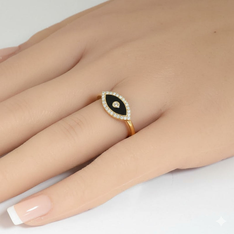 SPECIAL! .13ct G SI 14kt Yellow Gold Diamond & Black Onyx Enamel Inlay Evil Eye Ring Size 6.5