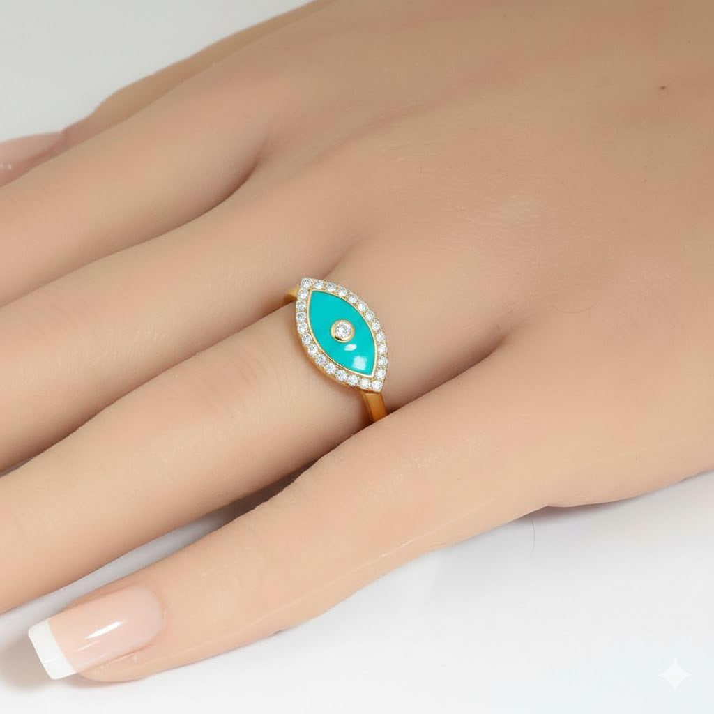 SPECIAL! .13ct G SI 14kt Yellow Gold Diamond & Turquoise Enamel Evil Eye Ring Size 6.5