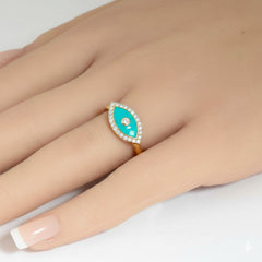 SPECIAL! .13ct G SI 14kt Yellow Gold Diamond & Turquoise Enamel Evil Eye Ring Size 6.5