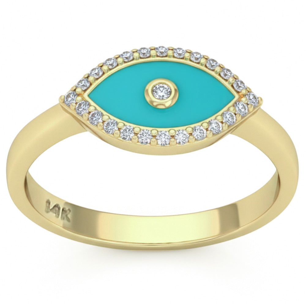 SPECIAL! .13ct G SI 14kt Yellow Gold Diamond & Turquoise Enamel Evil Eye Ring Size 6.5