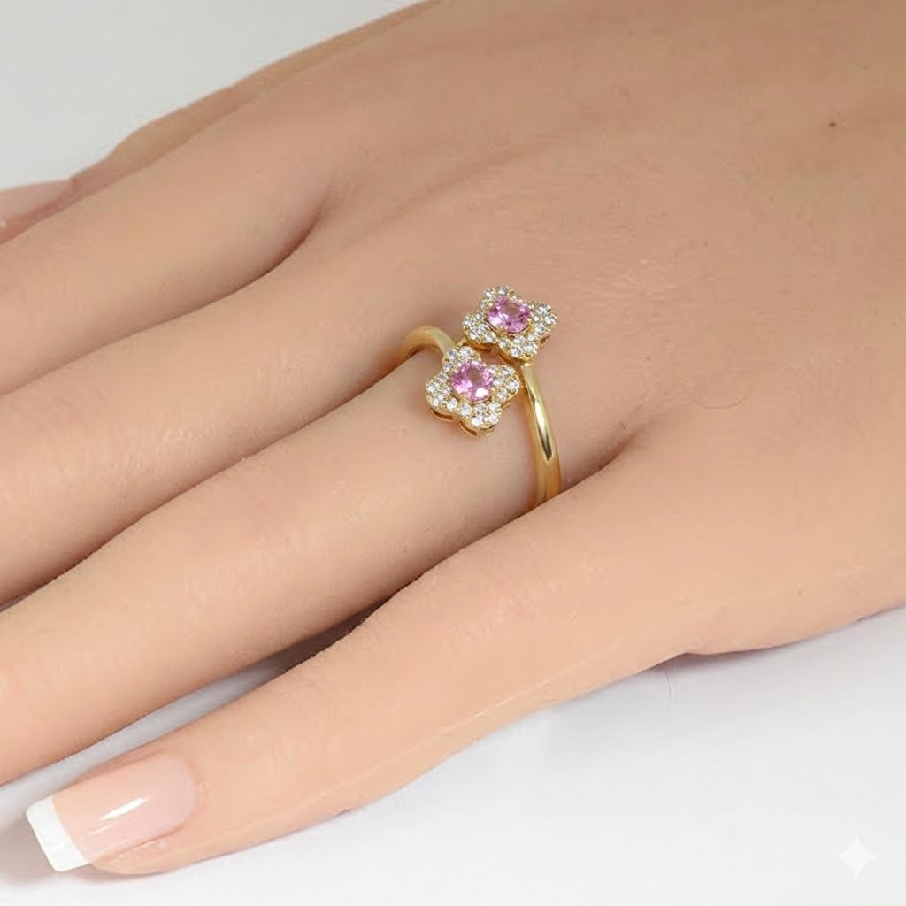 SPECIAL! .45ct G SI 14kt Yellow Gold Diamond & Pink Sapphire Gemstone Clover Wrap Around Ring Size 6.5