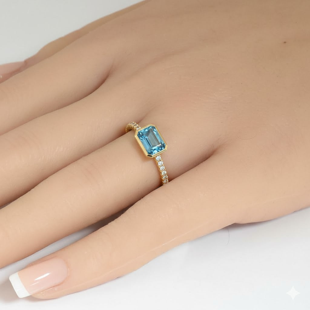 SPECIAL! 1.03ct G SI 14kt Yellow Gold Diamond & Aquamarine Gemstone Bezel Set Ring Size 6.5