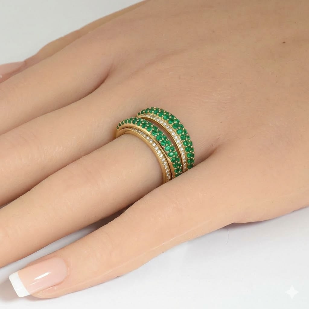 SPECIAL! 1.18ct G SI 14kt Yellow Gold Diamond & Emerald Gemstone Double Band Ring Size 6.5