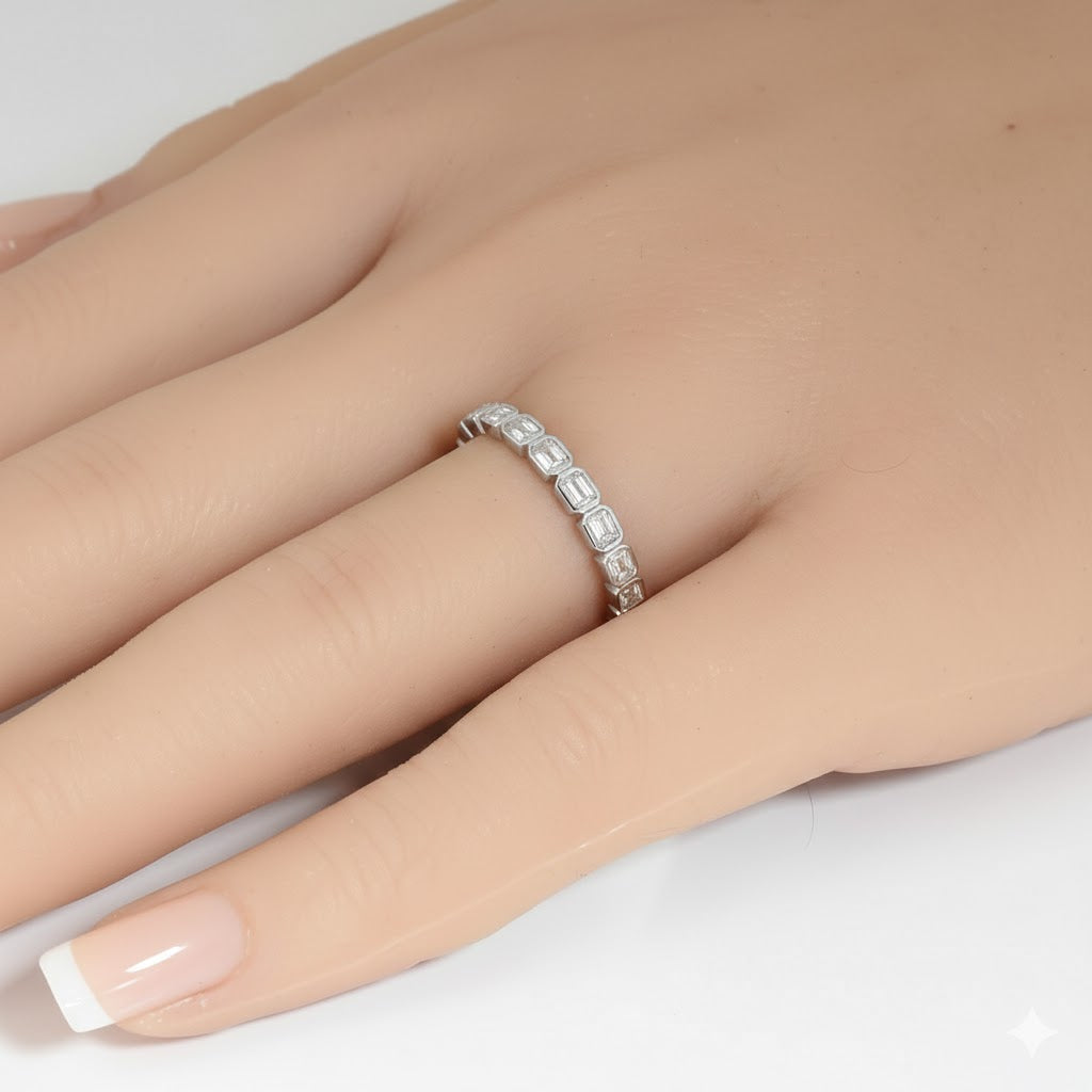 SPECIAL! 1.11ct G SI 14kt White Gold Emerald Cut Diamond Bezel Set Band Ring Size 7
