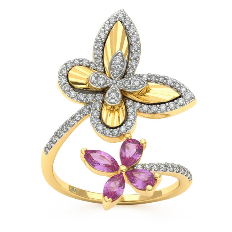1.06ct G SI 14kt Yellow Gold Diamond & Pink Sapphire Gemstone Butterfly Ring Size 6.5