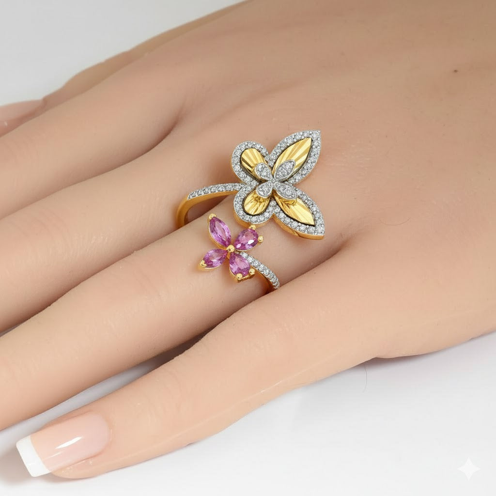 1.06ct G SI 14kt Yellow Gold Diamond & Pink Sapphire Gemstone Butterfly Ring Size 6.5