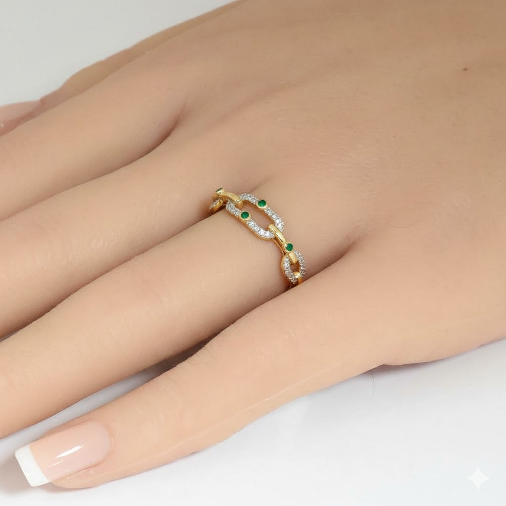.21ct G SI 14kt Yellow Gold Diamond & Emerald Gemstone Paperclip Band Ring Size 6.5