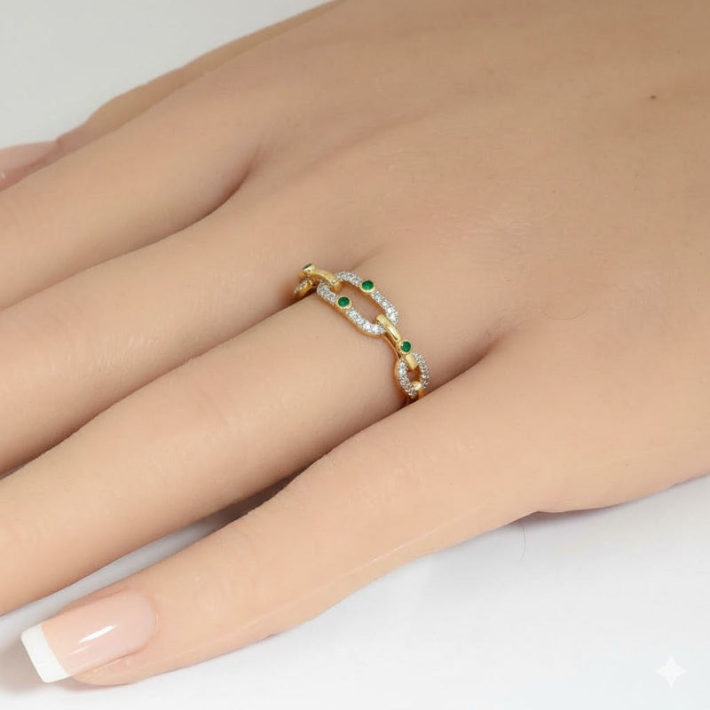 .21ct G SI 14kt Yellow Gold Diamond & Emerald Gemstone Paperclip Band Ring Size 6.5