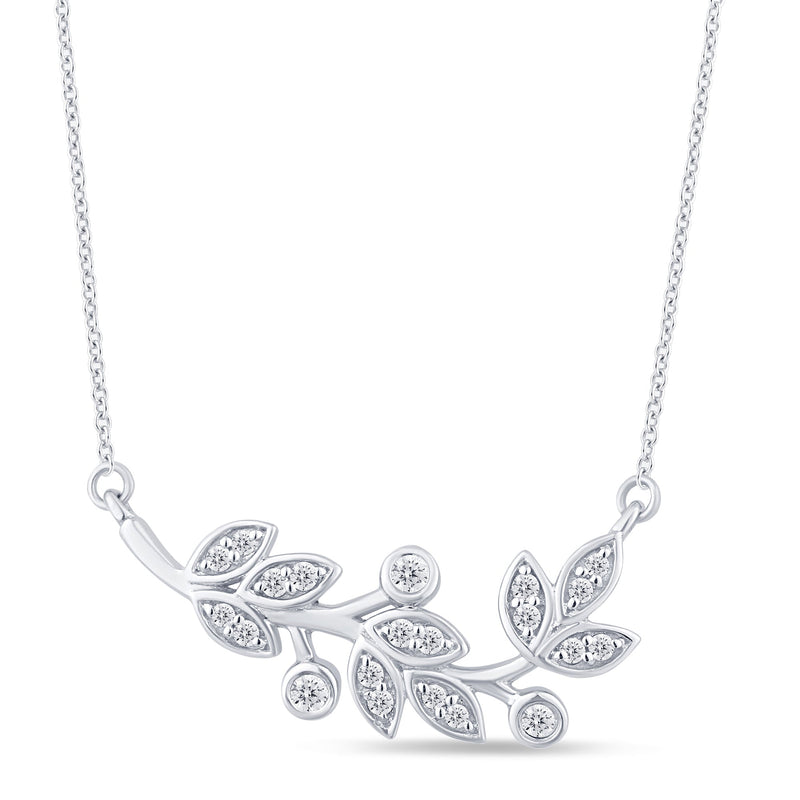 SPECIAL! .14ct G SI 14K White Gold Diamond Olive Branch Leaf Pendant Necklace 18" Long