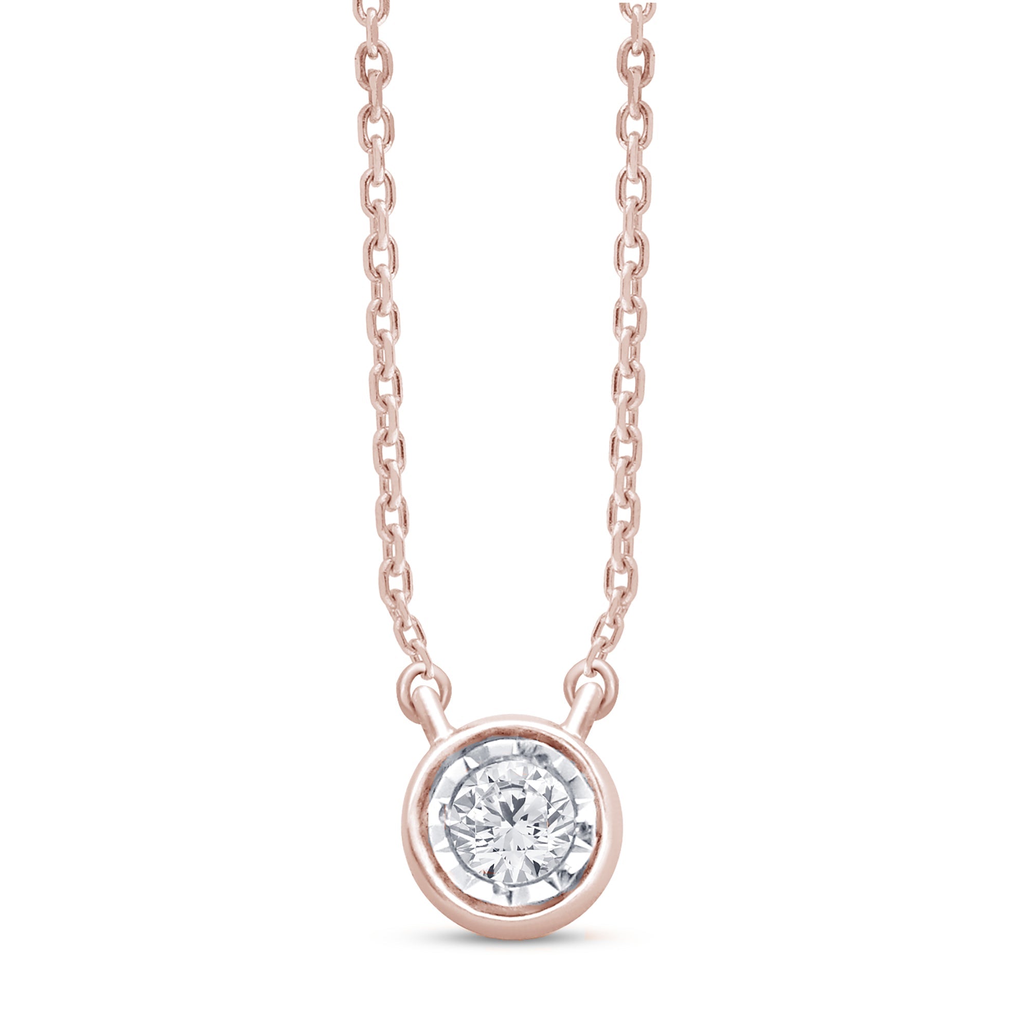 DIAMOND  CLOSEOUT! .06ct 14kt Rose Gold Bezel Solitaire Round Diamond Pendant 18" Necklace