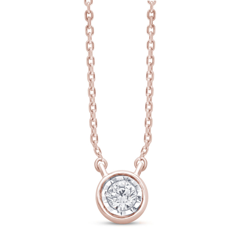 DIAMOND  CLOSEOUT! .06ct 14kt Rose Gold Bezel Solitaire Round Diamond Pendant 18" Necklace