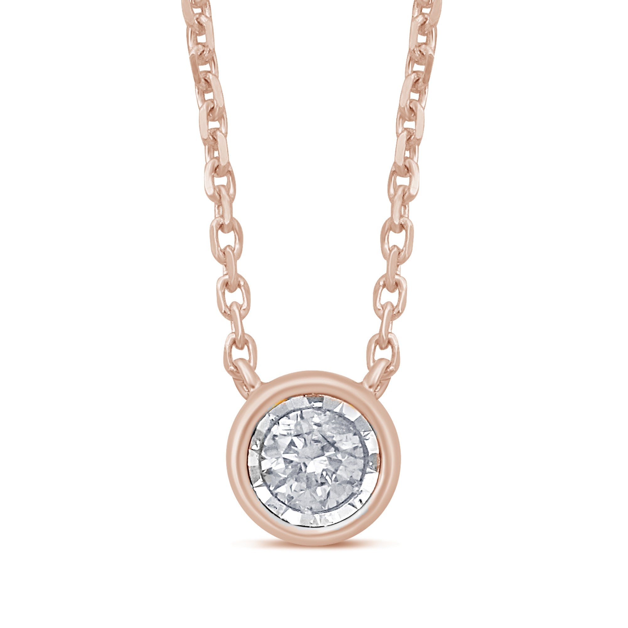DIAMOND  CLOSEOUT! .10ct 14k Rose Gold Diamond Bezel Set Solitaire Pendant Necklace 18"Long