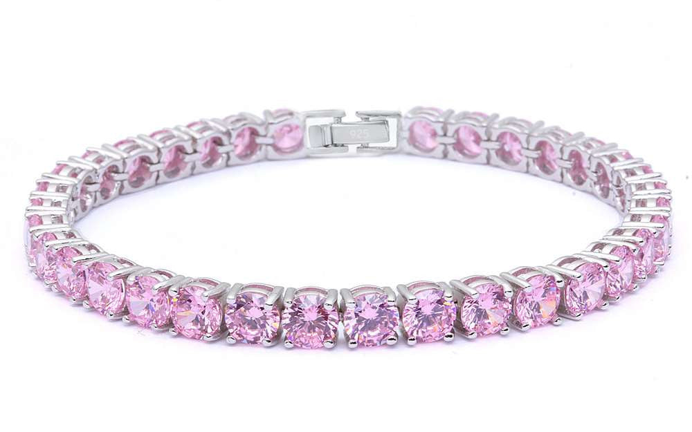 4.5MM Round 14.5CT Pink Topaz.925 Sterling Silver Bracelet 7.25"
