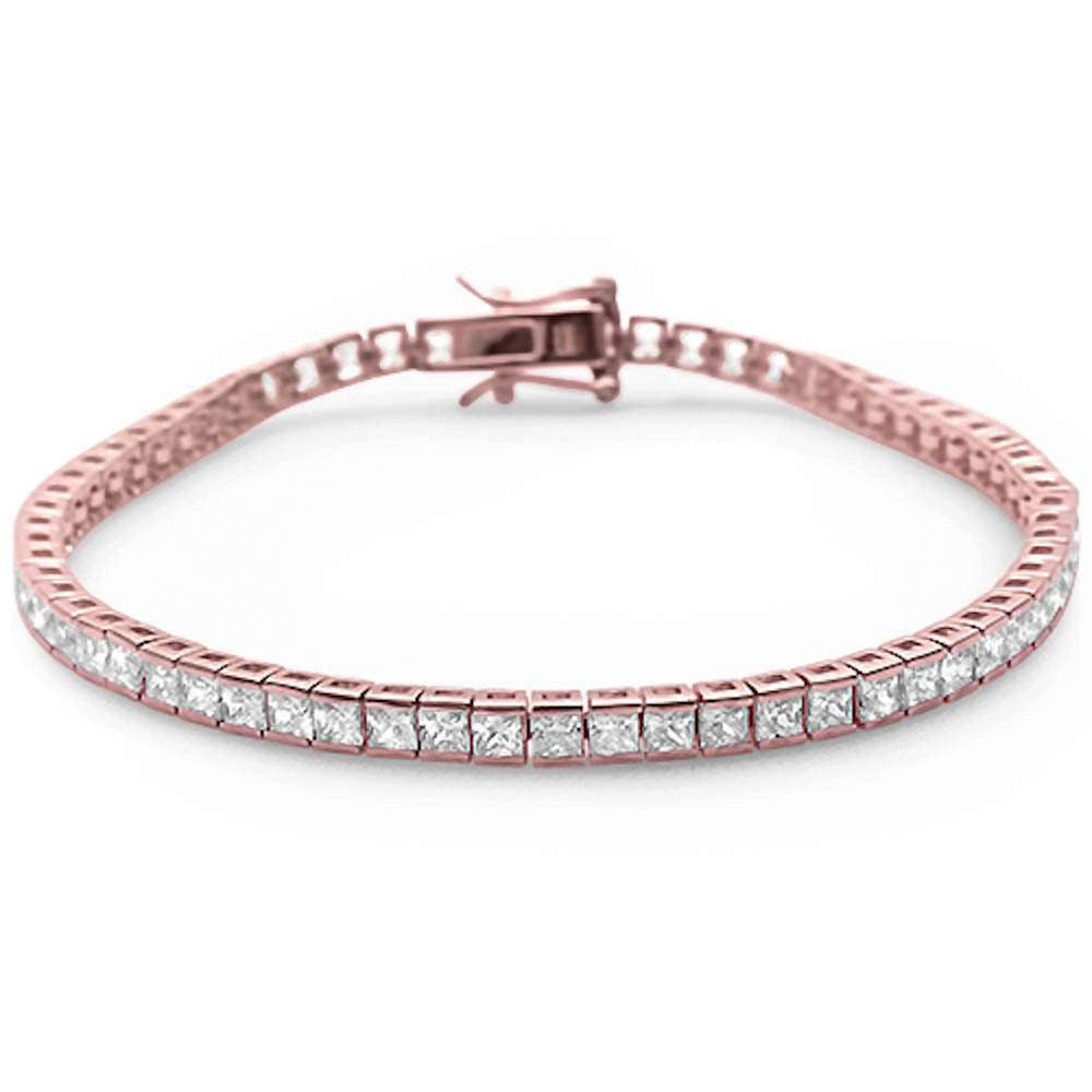 3MM Square Rose Gold Plated Bezel Set Cubic Zirconia .925 Sterling Silver Bracelet 7.5"