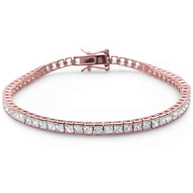 3MM Square Rose Gold Plated Bezel Set Cubic Zirconia .925 Sterling Silver Bracelet 7.5"