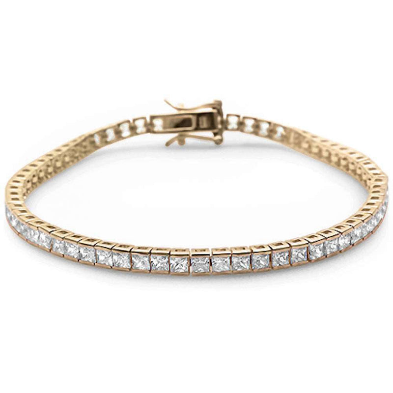3MM Square Yellow Gold Plated Bezel Set Cubic Zirconia .925 Sterling Silver Bracelet 7.5"