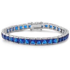 Elegant 7" 4mm Princess Blue Sapphire .925 Sterling Silver Bracelet