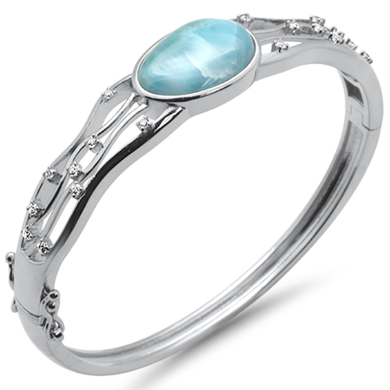 Natural Larimar & CZ .925 Sterling Silver Bangle Bracelet
