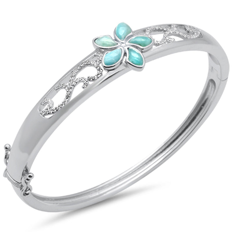 Plumeria Natural Larimar & CZ .925 Sterling Silver Bangle Bracelet