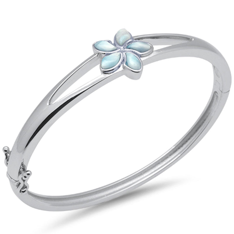 Flower Natural Larimar .925 Sterling Silver Bangle Bracelet