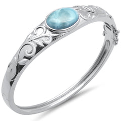 Oval Natural Larimar & CZ Flower Engraved .925 Sterling Silver Bangle Bracelet