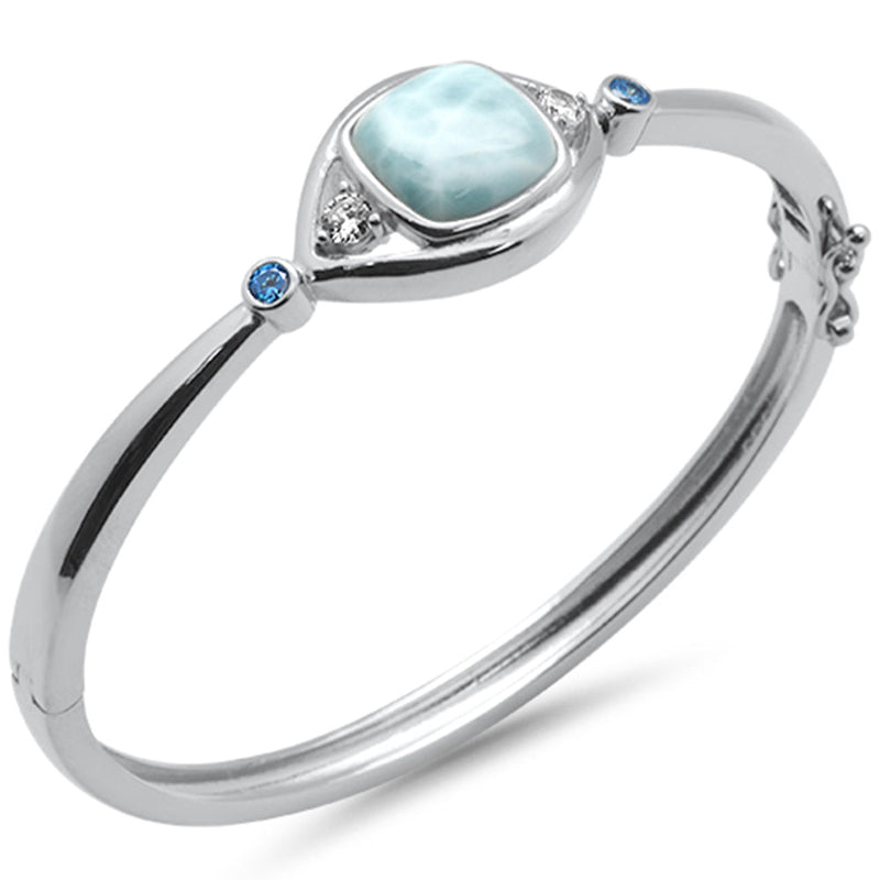Cushion Shaped Natural Larimar, Blue Topaz & CZ .925 Sterling Silver Bangle Bracelet