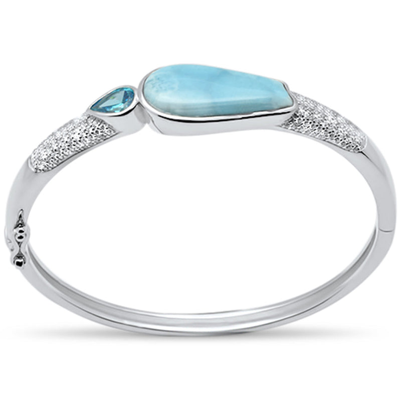 Natural Larimar, Blue Topaz & Cubic Zirconia .925 Sterling Silver Bangle Bracelet
