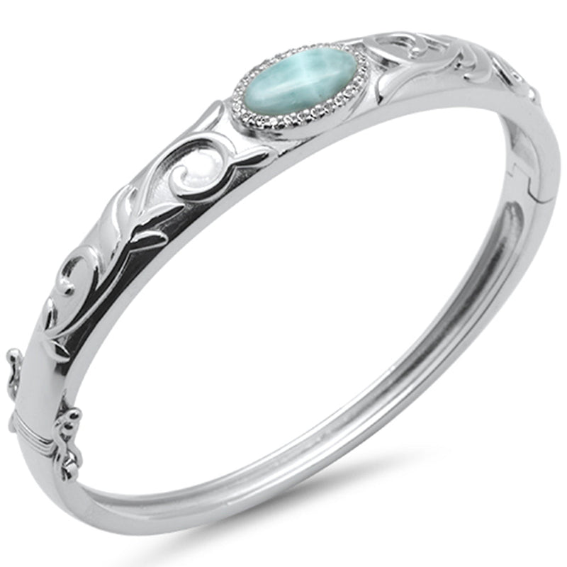 Natural Larimar & CZ Flower Engraved .925 Sterling Silver Bangle Bracelet